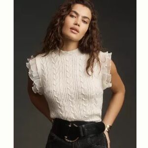 Anthropologie Self Contrast Layered Pleat Chiffon Edge Cable Knit Top - XS